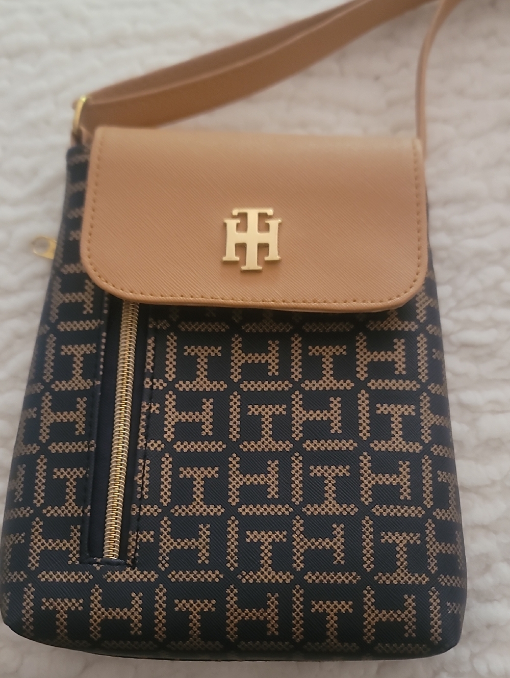 Tommy Hilfiger Navy & Tan Monogram Crossbody 6.5" x 8.5"